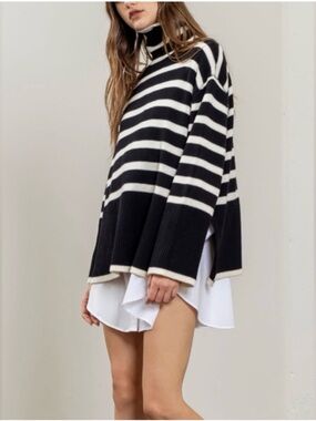 TUCKERNUCK Moon River Black & White Striped Turtleneck Sweater
